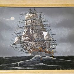 Vintage Renato Longanesi Original Oil Painting Signed Sailing Clipper Ship in Open Sea Wood Frame Nautical Art