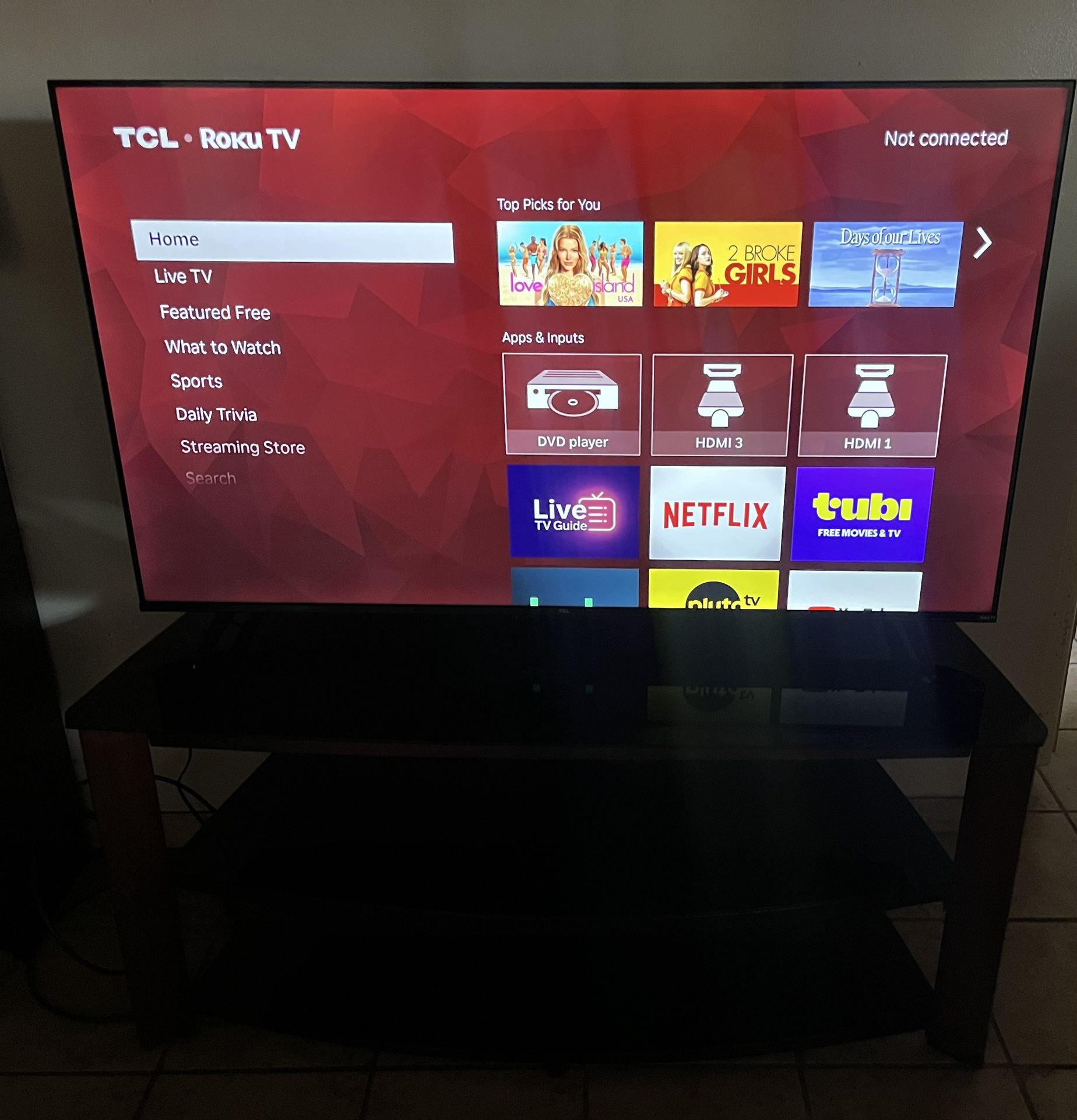 55” TCL Roku TV with / 3 Shelf TV Stand
