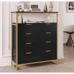 8 Drawer Dresser for Bedroom, Modern Chest of Drawer, Wood Storage Cabinet with Shelf for Living Room, Black Gold