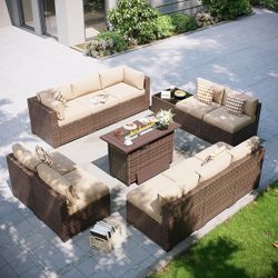 AOXUN 10-Seat Outdoor Wicker Patio Sofa Set With Cushions - 12 PCS - Brown-Beige