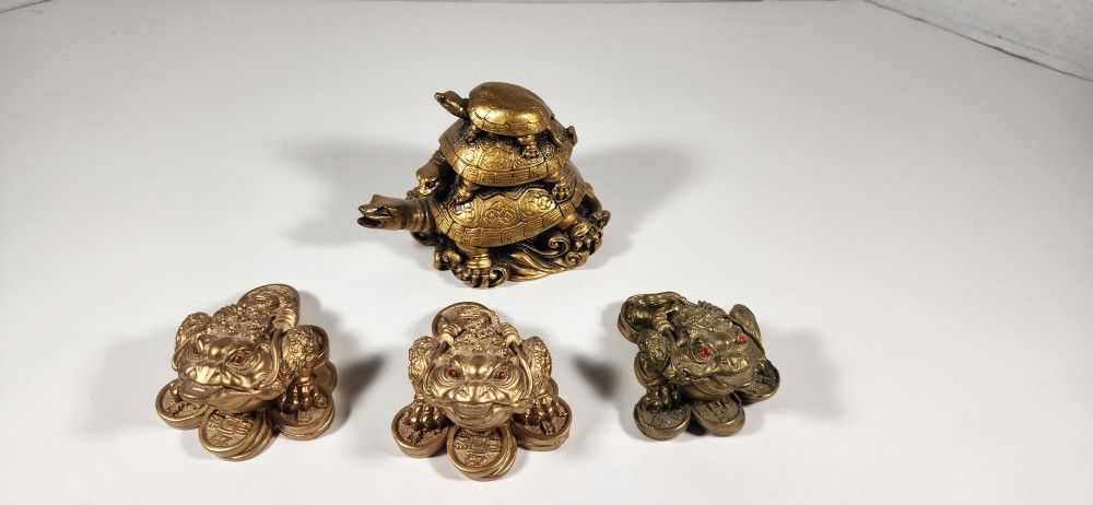 LOT OF 4 FENG SHUI RESIN MONEY WEALTH LONGEVITY TURTLE TORTOISE & FROG FIGURES