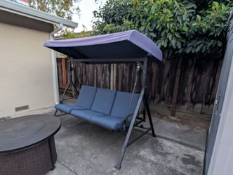 Outdoor Patio Swing Bench with Adjustable Canopy & Navy Cushions
