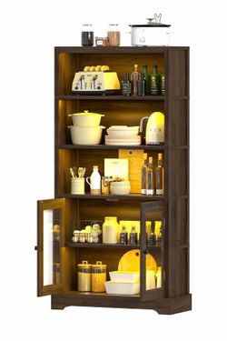 5-Tier Bookshelf, 65" Bookshelf with Multi-Color Ambient Lights (APP Remote Control), Tall Display Shelf with Cabinet Doors, Rustic Brown