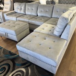 New Julia Gray Reversible Sectional w/ Drop Down and Storage Ottoman