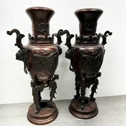 Antique Japanese Bronze Meiji Era 19th Century Phoenix Dragon Urn Vases Censers