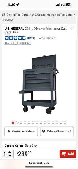 U.S. General 30 in. 5-Drawer Mechanics Cart Slate Gray