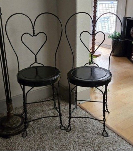 Two (2)  Antique Iron Heart Ice Cream Chairs
