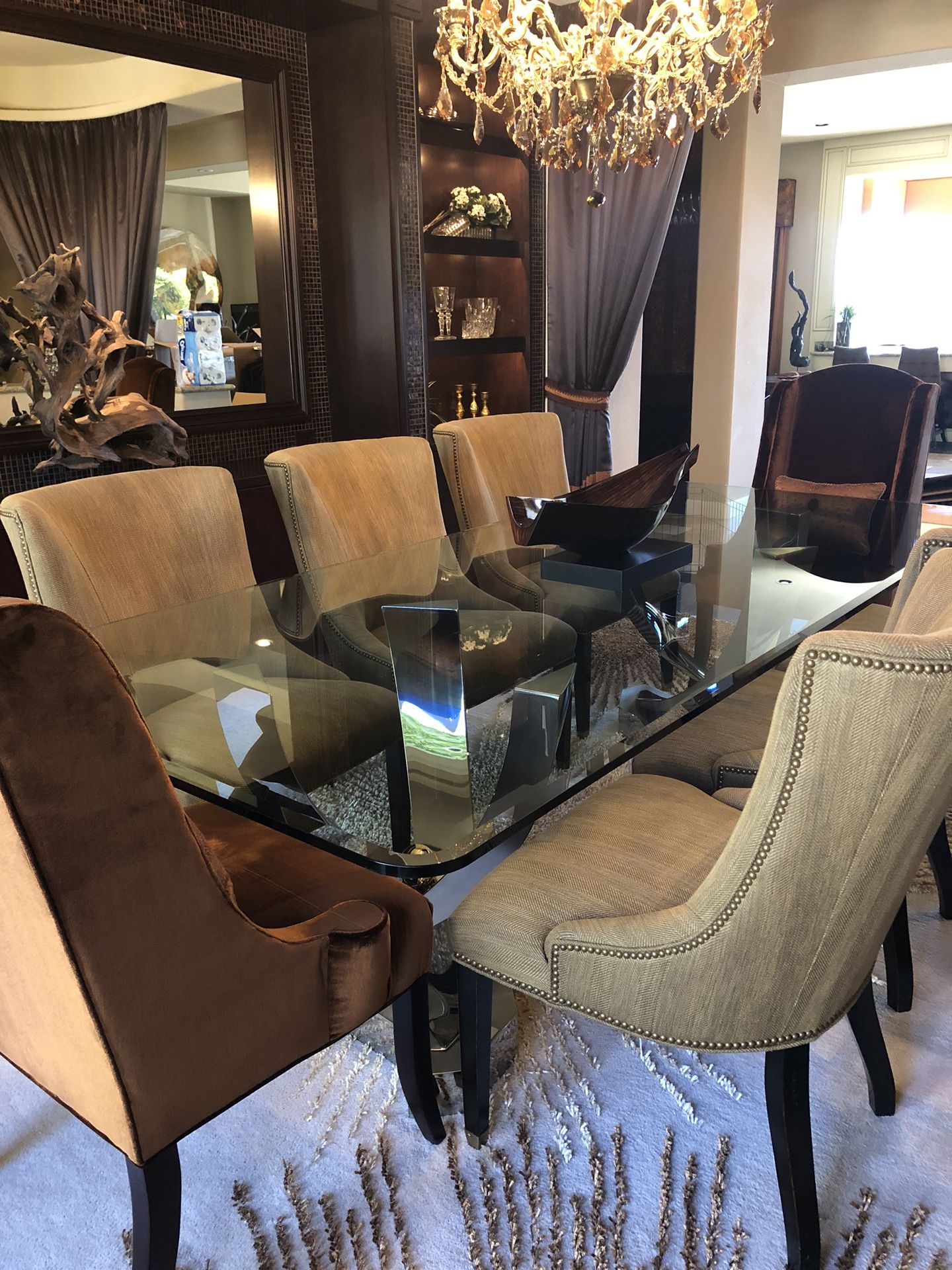 Gorgeous Custom glass dining table and 2 captains chairs 6 SIDE CHAIRS NOT AVAILABLE