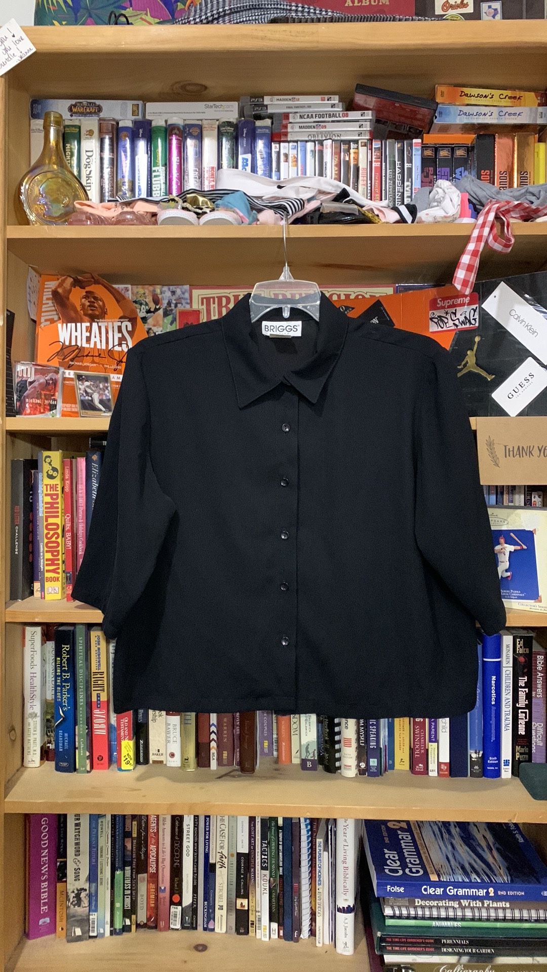 BRIGGS Petite-women’s black 3/4 sleeve button down shirt