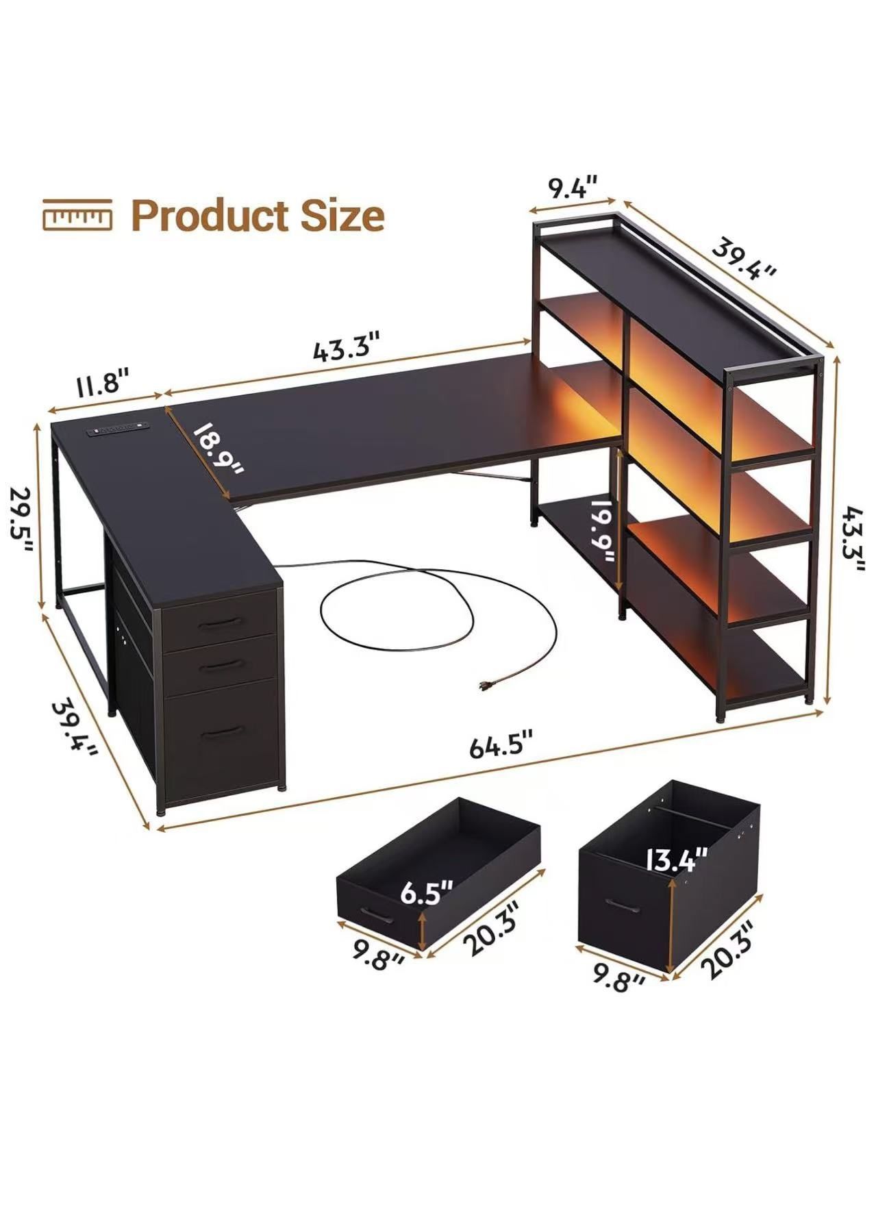 🥨L Shaped Gaming Desk, Reversible U Shaped Computer Desk with Power Outlet and Storage Shelves, Corner Gaming Desk with LED Lights, 3 Fabric Drawers,