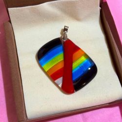 Artisan Made Multicolored Large 2” Fused Glass Square Pendant w/925 Silver Slide