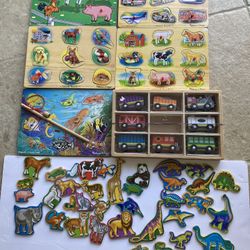 Lot Of 6 Melissa & Doug Wood Puzzles Wooden Trains Magnetic Animals
