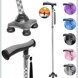 Walking Cane for Elderly, Folding Walking Stick for Seniors, Pivoting Quad Base, Lightweight Adjustable Walking Stick for Men/Women