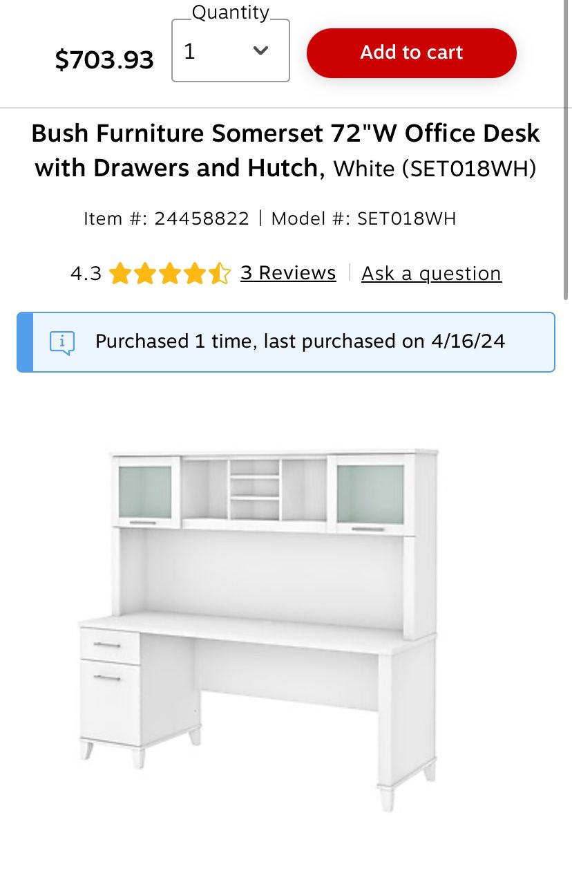 🚨BRAND NEW 🚨 Bush Furniture Somerset 72"W Office Desk with Drawers and Hutch (White)