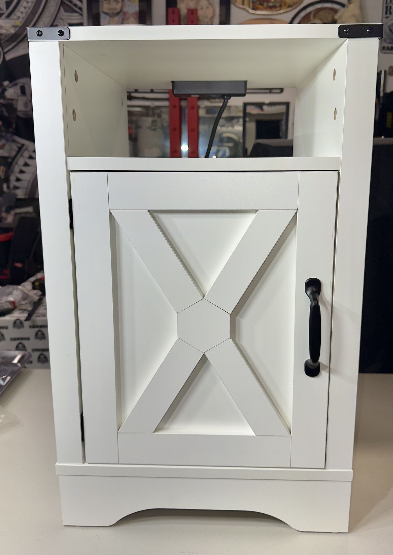 RoyalCraft Nightstand with Charging Station, Farmhouse Bedside Table with X-Shaped Design