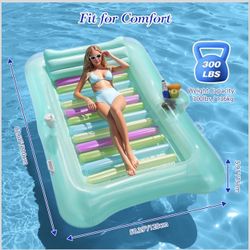 Large Floating Bed with Ice Bar, Tanning Bed Pool Raft Inflatable Lounger with Drink Holder Tanning 