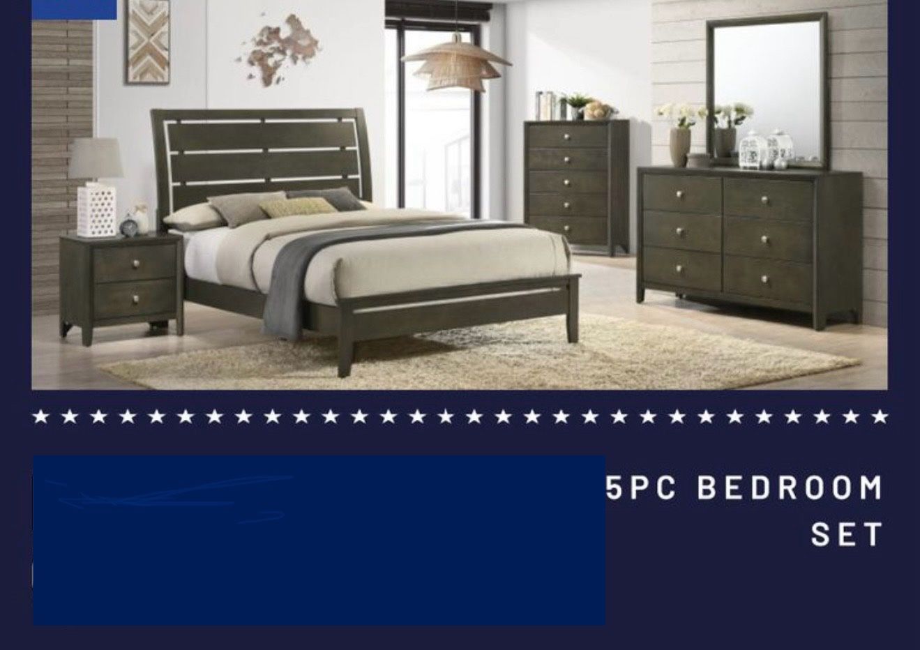 5 PCs Headboard, Foot Board,side Rails,dresser And Mirror