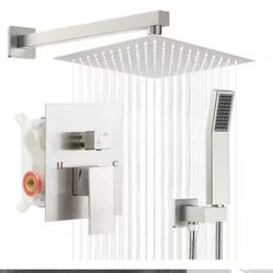 2-Spray Square 10 in. Shower Head Wall Bar Shower Kit with Valve and Rainfall Shower 2.4 GPM in Brushed Nickel