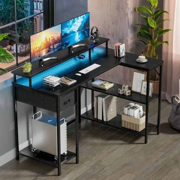 New L-Shape Office Desk Gaming Table with LED Lights Built-in Socket Computer Stand Cloth Drawer 2 Types of Assembly, Black  New in box T-OD23-0371-12