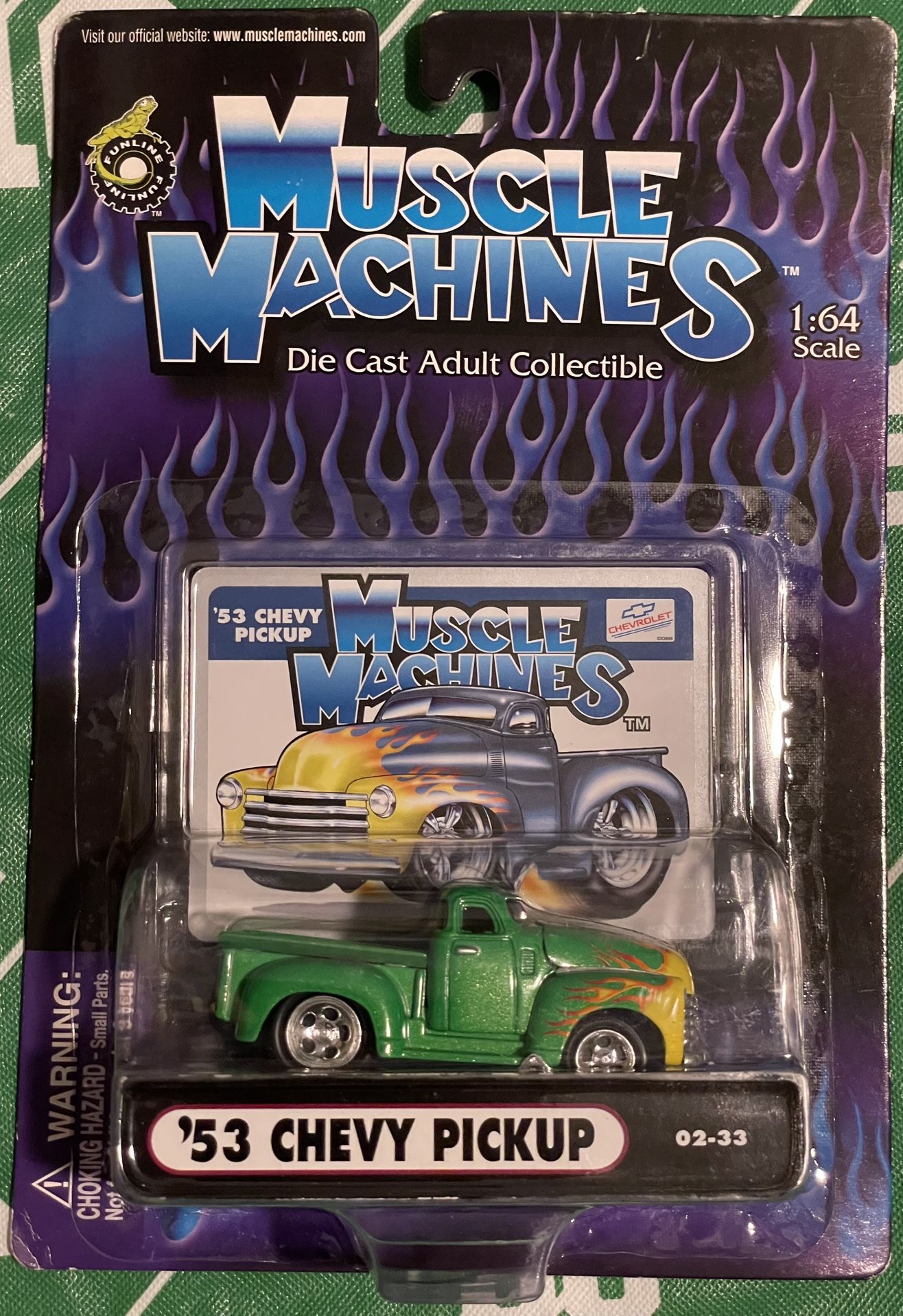 2002 Muscle Machines Green w/ Flames '53 Chevy Pickup Truck -1:64-