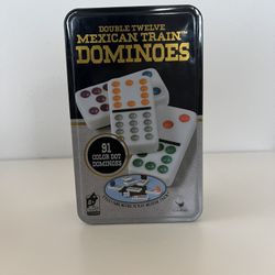 Mexican Train Double Twelve 91 - Color Dot Dominoes Tin Case Complete With Train