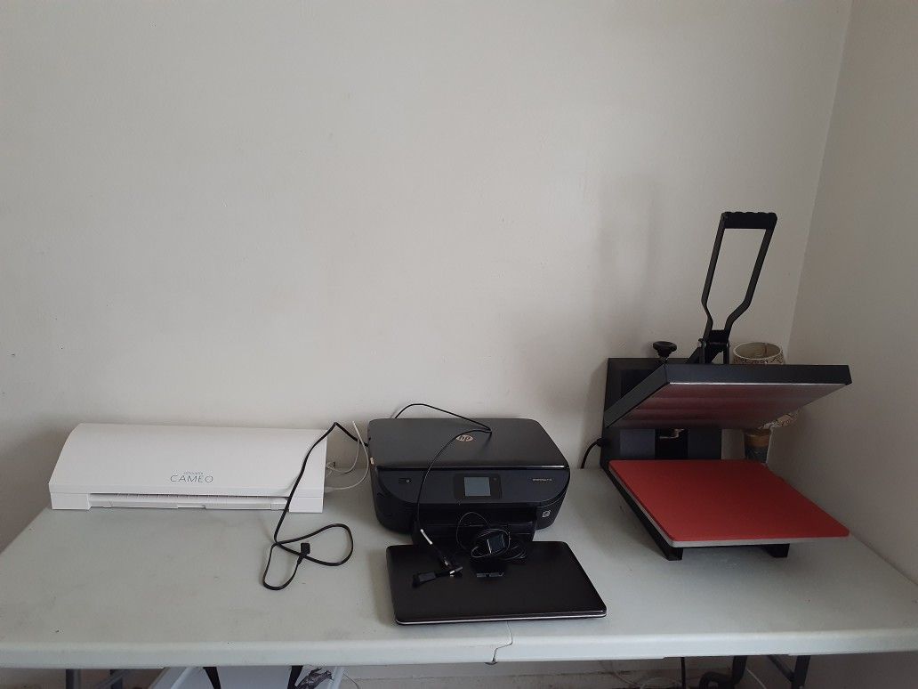 Heat press, silhouette cameo, hp envy printer,Asus laptop..everything only few months old photo shop,corel draw,silhouette studios already installed