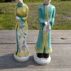 Vintage 7.5" Japanese Porcelain Figurine Pair - Hand-Painted Robed Man and Woman

