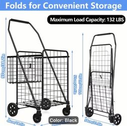 Shopping Cart for Groceries, Grocery Cart on Wheels, Folding Dual Basket