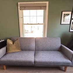 Grey Upholstered Futon w/ Walnut Legs-Twin Bed-Like New