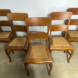 Set of 5 Solid Wood Oak Dining Chairs with Cane Seats — Early 1900s, Boston Label