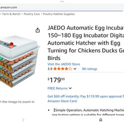 JAEDO Automatic Egg Incubator 150~180 Egg Incubator Digital Automatic Hatcher with Egg Turning for Chickens Ducks Goose Birds