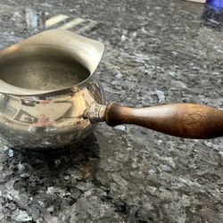 VINTAGE WEB PEWTER 1175 DOUBLE SPOUT BUTTER BRANDY CANDY W/ WARMER WOOD HANDLE