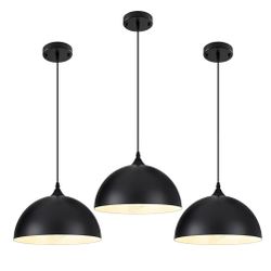 Black Pendant Light,11.8" Industrial Dome Pendant Lights Kitchen Island,Adjustable Farmhouse, 3 Pack 