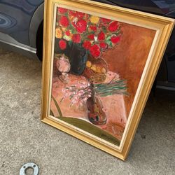 A Nice Painting Of Roses, A Guitar, Just Beautiful (NO SHIPPING) 34” X 25”