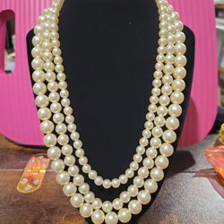 Vintage Faux Pearl 3 Strand Graduated 18-20" Necklace Gold Over Sterling Silver Clasp F12 