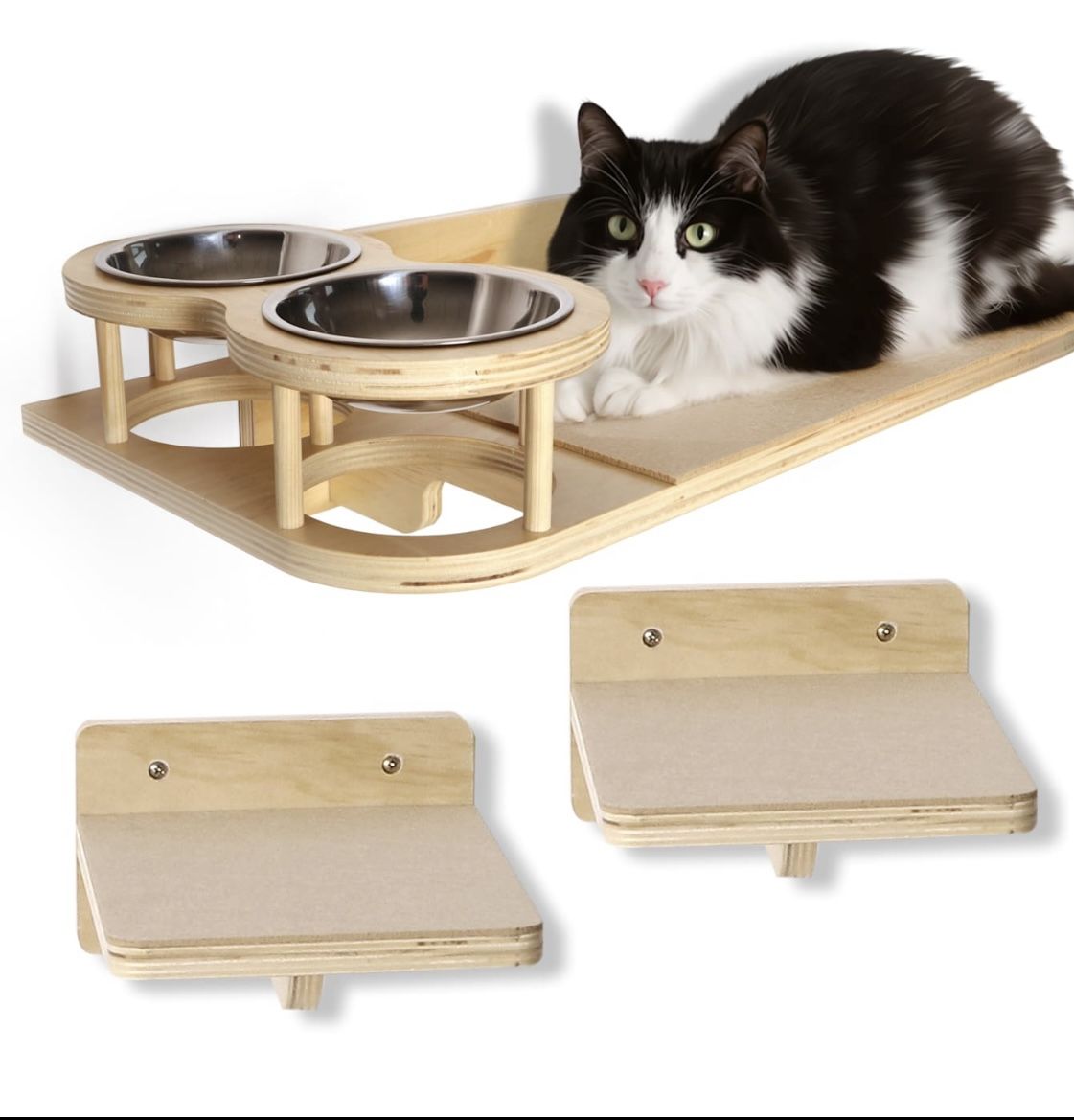 Cat Wall Shelves with Food & Water Bowl – Set of 3
