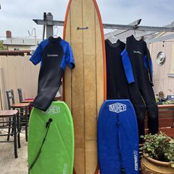 Surfboard .     Wetsuits .    Boogie Boards