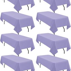 Brand new factory sealed 8-pack lavender polyester tablecloth set.  Fits standard 8ft rectangular tables.  Includes drawstring carry bag for easy stor