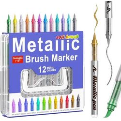 12 Colors Metallic Acrylic Paint Markers with Carrying Case, Metallic Brush Markers, Non-Bleed Ink, Smooth Writing, Odorless, Quick-Drying, for Rock P