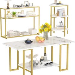 3 Pieces Modern Coffee Set, with End Table and Console Table, Contemporary Faux Marble Living Room Table Sets, White&Gold