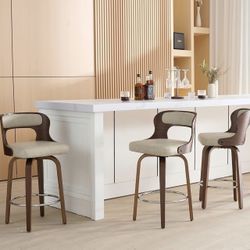 Three 26-inch rotating bar stools of  Counter height, modern leather island chairs  Mid-century synthetic with backrest and footrest