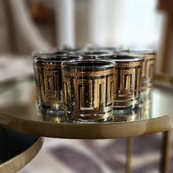 Set of 10 MCM Culver Greek Key Whiskey Glasses 22K gold overlay