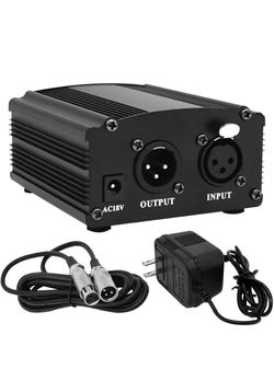 1-Channel 48V Phantom Power Supply with Adapter, Bonus+XLR 3 Pin Microphone Cable for Any Condenser Microphone Music Recording Equipment