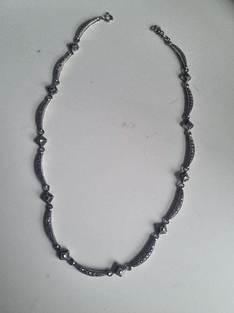 Vintage 925 Sterling Silver Marcasite Necklace, 15½ inch