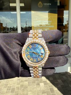 Rolex Datejust 41 41mm Iced Out Bussdown Diamond Mop Roman Dial Blue 18k yellow gold stainless 126333 box VVS