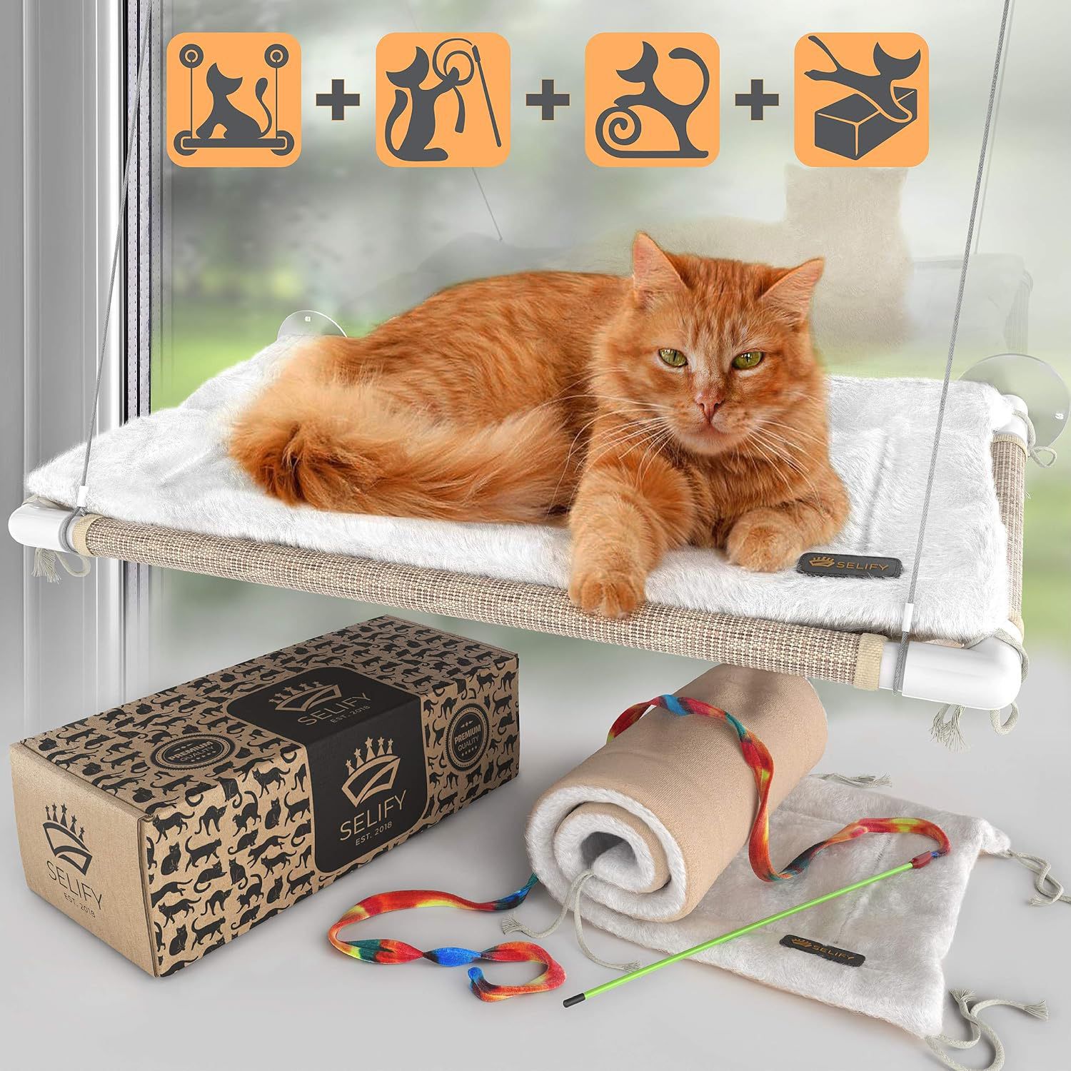 Cat Window Perch - Free Fleece Blanket and Toy - Extra Large and Sturdy - Holds