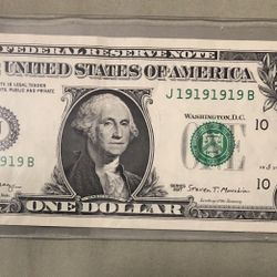 Rare $1 Bill With Binary Of 1 And 9 Fancy Serial 