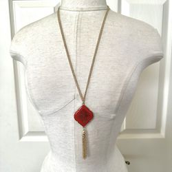 Charming Charlie Red And Gold Tone Tassel Necklace 