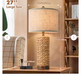 Set of 2 Rattan Table Lamps with USB Ports-27 inches