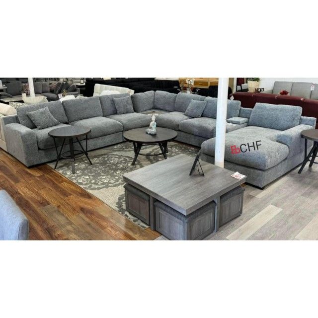 141.5"W Chenille Fabric Corner Sectional Sofa with Right-Facing Chaise, Cupholders, and Charging Ports